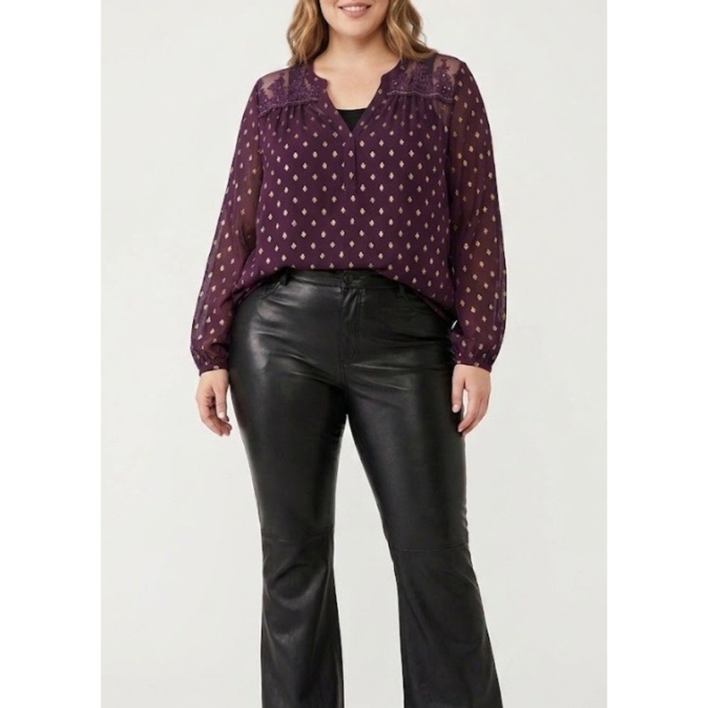 Bila Blouse XL Purple Gold Foil Fleur De Lis Mesh Sequin Embroidered Boho Top